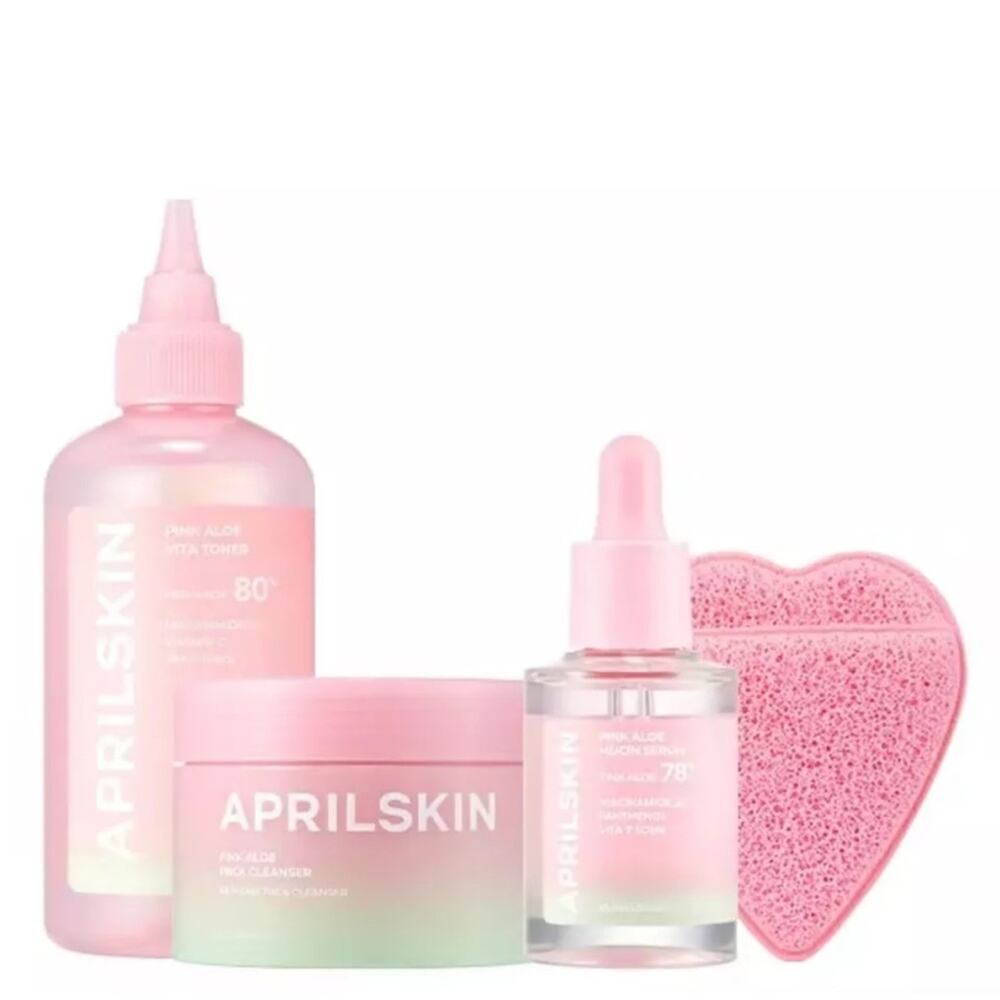 April Skin Bundle NEW Pink Aloe Toner Cleanser Mucin Serum and cleaning puff